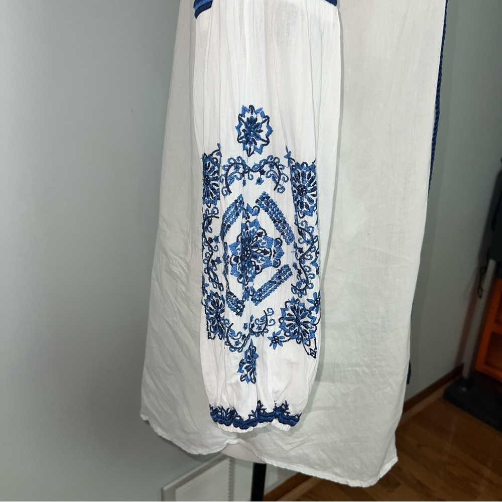Blue Island White Blue Embroidered Cotton Swim Cover Tassel Boho Beach Tunic M - Picture 4 of 15